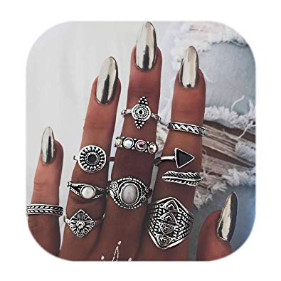 ZEALMER Knuckle Ring Set Vintage Carving Flower Turquoise Arrow Moon Boho Stackable Rings for women