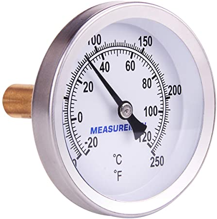 MEASUREMAN Hot Water Bi-Metal Thermometer, 2-1/2" Dial, 1-3/4" Lead Free Brass Stem, Range 0-250 deg F/-20-120 deg C, 2% Accuracy, Adjustable, 1/2" NPT Back Mount