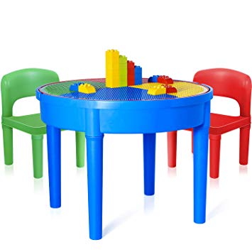 EXERCISE N PLAY Kids Activity Table, 4-in-1 Water Table, Play Table, Building Blocks Table and Storage for Toddler -Includes 1 Table, 2 Chairs and 25 Jumbo Bricks