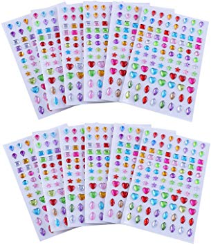 Antner 1128pcs Self-Adhesive Rhinestones Gems Stickers, Multicolor Arts and Crafts Gems Crystal Diamond Stickers Adhesive Bling Jewels, Assorted Size, 12 Sheets