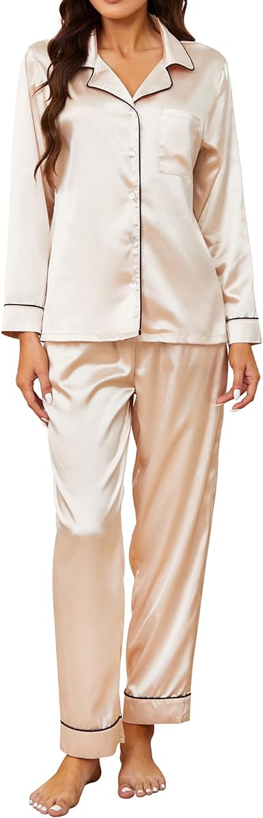 U2SKIIN Women Silk Pajamas Set, Long Sleeve Satin Pajamas for Women Sleepwear Button Down Pjs Set Two-Piece