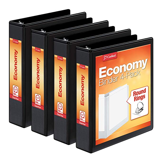 Cardinal Economy 1.5" Round-Ring Presentation View Binders, 3-Ring Binder, Holds 350 Sheets, Nonstick Poly Material, PVC Free, Pack of 4, Black (79519)