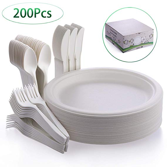 Fuyit 200pcs Disposable Tableware Set, Compostable and Biodegradable Sugarcane Bagasse Eco-Friendly Dinnerware Kits Includes Paper Plates, Forks, Knives and Spoons for Party, Camping, Picnic