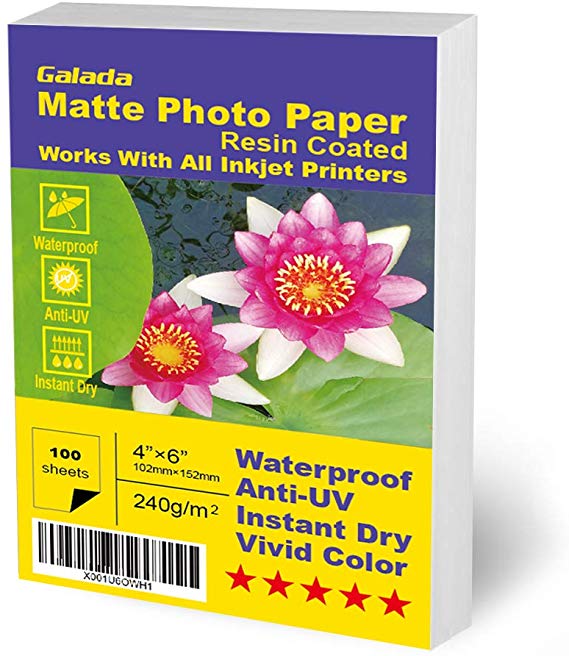 Galada Photo Paper 100 Sheets 4x6 Photo Paper Matte Vivid Color Waterproof Photographic Paper Works with All Inkjet Printers(4x6 Matte Paper)