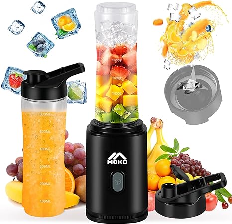 MoKo Countertop Blender for Kitchen for Smoothies/ice, Portable Blenders Personal Size with 22 OZ BPA Free Travel Cup and Lid, 6 Stainless Steel Blades for Powerful Blending, Black