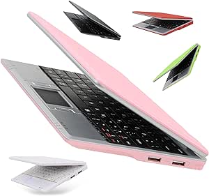 7 Inch Portable Mini Computer Laptop PC Netbook for Kids Android 12 Quad Core 32GB WiFi Built in Camera Netflix YouTube Flash Player (Pink)