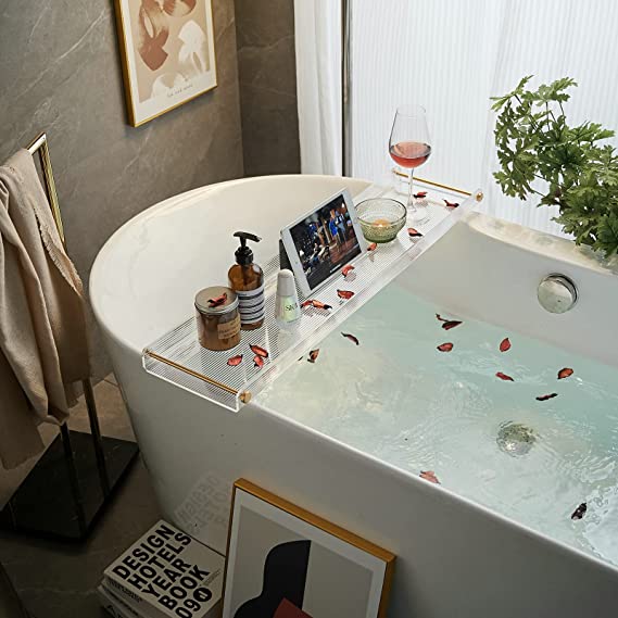 Bathtub Tray Acrylic Bath Tray Bathtub Caddy Non-Slip Bath Tub Tray Table with Gold Brushed Handles