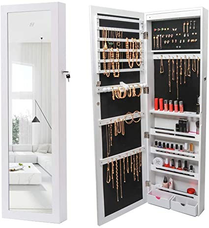 KEDLAN Door Jewelry Cabinet 47 x 14 Inch with Full-Length Mirror 6 LED Hanging Lockable Wall Large Storage White