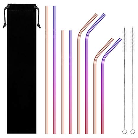 Set of 8 Stainless Steel Drinking Straws, Footek 6 mm Metal Bent Straws Straight Straws, with 2 Cleaning Brushes, Drinking Straws for Tumblers Cold Beverage - Rose Gold, Colorful