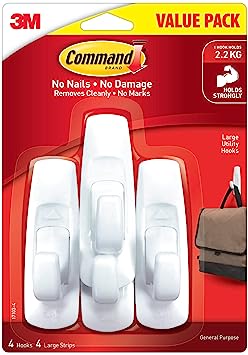 Command 3M, Discount pack 4 Hooks, holds upto 2.2 kg, Removable, Comes off with no paint damage, Large Utility Wall Hooks, Heavy Duty, Holds Strongly, Reusable, Adhesive Hooks for Wall, Multi-Surface Damage Free Hooks for Hanging (White, 4 Hooks)