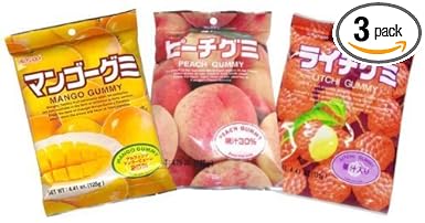 Japanese Fruit Gummy Tripak Sampler - Mango, White Peach, Litchi (Lychee) by Kasugai