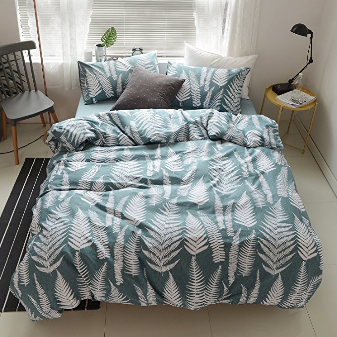 OREISE Duvet Cover Set King Size 100% Cotton Teal/Green Printed Tropical Botanical Leaves Pattern 3 Piece Bedding Set (1 Duvet Cover + 2 Pillow Shams) with Zipper Closure Soft Breathable Durable