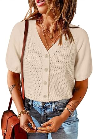 Dokotoo Womens Summer Cropped Cotton Cardigan Knit Sweaters Short Button Down Puff Sleeves Tunic Tops