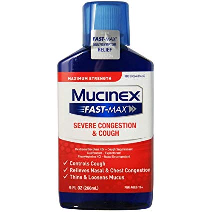 Mucinex Fast-Max Severe Congestion & Cough Multi-Symptom Max. Strength Liquid- Expectorant, Cough Suppressant, Nasal Decongestant, w/Dextromethorphan, Phenylephrine & Guaifenesin, 9 oz. (Pack of 2)