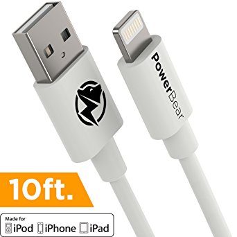 PowerBear 10 ft Lightning Cable [MFI] 10 foot Ultra Durable iPhone Cord [Fast Charge Compatible] for iPhone 6 / 6S / 7 / 8 / Plus / X iPod, iPad - [24 Month Warranty]