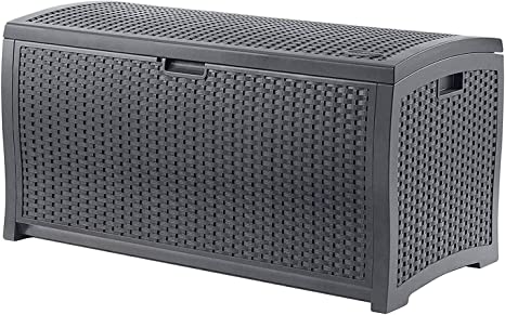 Suncast 73 Gallon Medium Resin Wicker Indoor/Outdoor Storage Box for Garden Tools, Pool Accessories, and Patio Cushions, Cyberspace