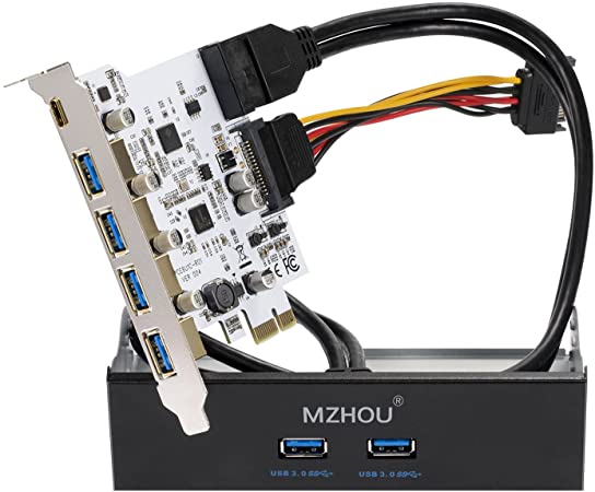 MZHOU 7 Ports PCIE to USB 3.0 Expansion Card (Type C1&A6) - with 19-Pin SATA Power Connector Super Speed up to 5Gbps, Include the Front Panel Bay and 1 Power Supply Cables for Window 7/8/10/XP/Vista