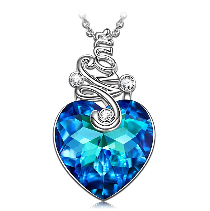 QIANSE Mothers Day Gifts for Mom Heart Necklace with Blue Swarovski Crystals, White Gold Plated Jewelry for Women Birthday Gifts for Wife Mother in Law