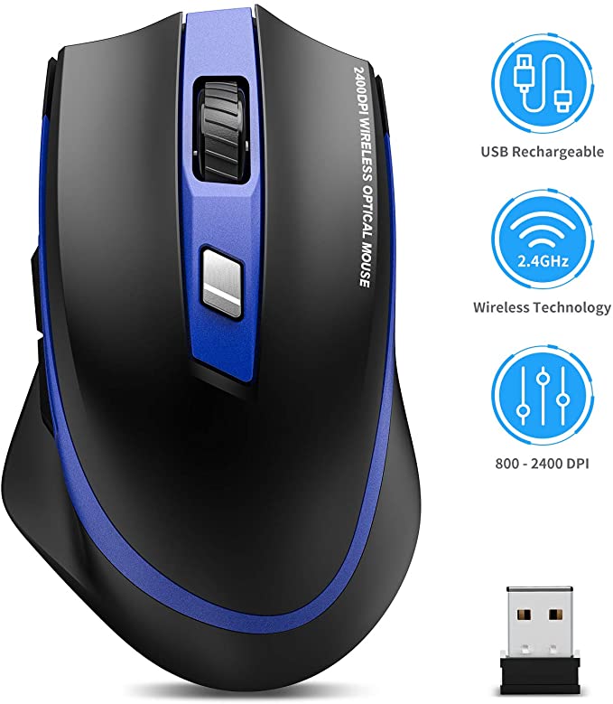 Wireless Mouse, TedGem Mouse, Silent Mouse USB Charging, Mouse for Laptop With USB Nano Receiver for PC/Laptop/Macbook -Charging and Silent (Blue)