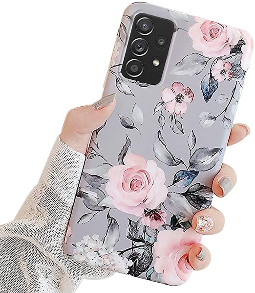 Ownest Compatible with Samsung Galaxy A52 5G Case with Purple Floral and Gray Leaves for Girls Woman Leaves with Flowers Pattern Elegant Soft TPU Protective for Samsung Galaxy A52 5G-Flowers