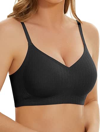 WOWENY Wireless Push Up Bras for Women Comfortable Ribbed Seamless Bralettes V-Neck Adjustable Padded Everyday Bra