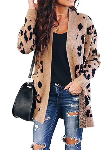 Foshow Womens Leopard Cardigan Oversized Drapes Open Front Loose Fit Knit Sweater Long Sleeve Cardigans with Pockets