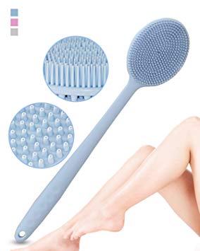 SXSTORY Silicone Body Bath Scrubber Shower Brush Exfoliator Soft Back Scrub with Long Handle for Cleansing Massage Eco-Friendly BPA-Free