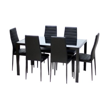 7-Piece Home Dining Kitchen Furniture Set with Glass Top Metal Leg and Frame Black