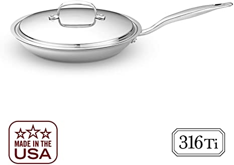 Heritage Steel 10.5 Inch Fry Pan with Lid - Titanium Strengthened 316Ti Stainless Steel Pan with 7-Ply Construction - Induction-Ready and Dishwasher-Safe, Made in USA