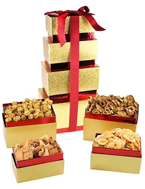 Mother's Day Gifts Tower Box, Mini Pretzel, Butter Toffee Popcorn, Banana Chips , Oriental Rice Cracker, Great Gift, Birthday Party, Holiday Gifts for Students, Coworkers, Family, Boy, Girl, Women and Men