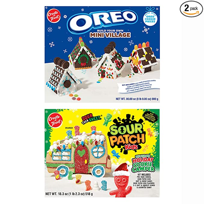 NABISCO Variety Pack Create-A-Treat Holiday Cookie Decorating Kit, OREO Mini Village Cookie Kit and SOUR PATCH KIDS Holiday Cookie Camper Kit, 2 Pack