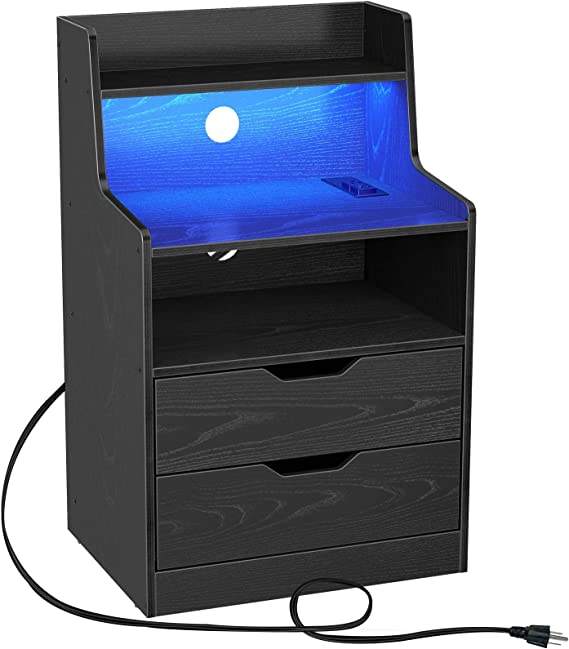 Rolanstar Nightstand with Charging Station and LED Lights, End Table with 2 Drawers and Storage Shelves, Bedside Table with USB Ports & Power Outlets for Bedroom - Black