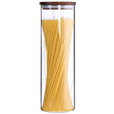 TALL Clear Glass Canister Jar Container for Food Storage with Airtight Wood Lids,Kitchen Canister,Spaghetti Pasta Jar,Flour Cereal Sugar Container Tea Coffee Canister,BPA Free,63oz,1-Piece set