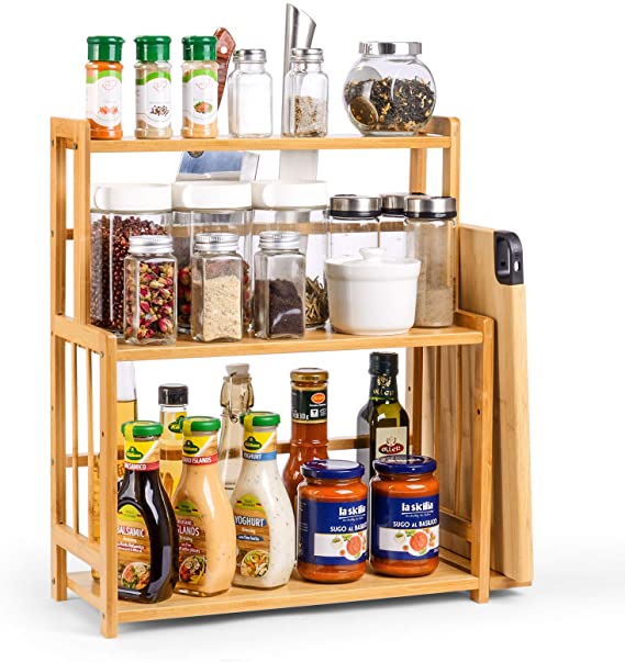 3-Tier Spice Rack Organizer for Cabinet, Countertop Storage Organizer for Kitchen and Bathroom, Standing Bamboo Spice Rack Holder for Sort out Spices, Jars, Kitchen knives & Pot Lid