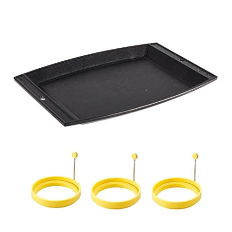 LODGE Pre-Seasoned Cast Iron Rectangular Griddle (15x12.25 inch)   3 Egg Ring (4 inch) for Pancakes and Egg Breakfasts