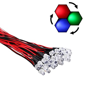 EDGELEC 30pcs 12 Volt 5mm RGB Slow Flasing LED Lights Emitting Diodes, Multicolor (Colors Changed Automatically) Pre Wired 7.9 inch DC 12V LED Light Clear Lens Small LED Lamps