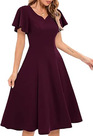 HomRain Ruffle Sleeve Cocktail Dresses for Wedding Guest Fit and Flare Tea Length Party Dress