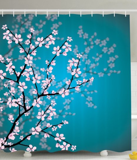 Ambesonne Leaves and Plants Decorations Collection, Ombre Spring Sakura Flowers Blossom in Garden Park, Polyester Fabric Bathroom Shower Curtain Set with Hooks, Teal Pink Black