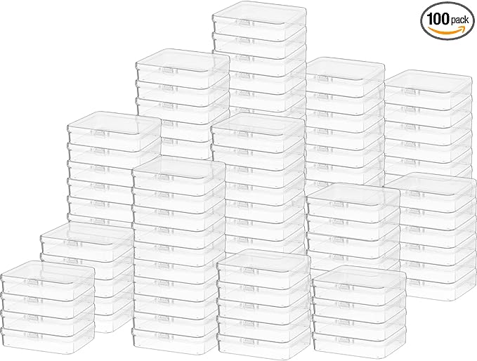 100 Pcs Clear Plastic Beads Storage Containers Box Small Clear Box with Hinged Lid Small Plastic Case Mini Square Arts Crafts Storage Boxes Organizers for Small Items (4.45 x 3.3 x 1.14 Inch)