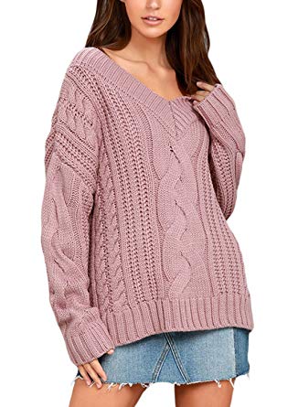 Sidefeel Women Casual V Neck Loose Fit Knit Sweater Pullover Top