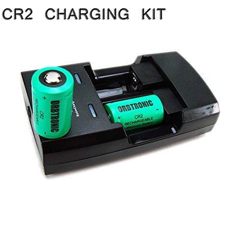 Rapid Li-ion CR2 Charger and Two CR2 3V Lithium ion Rechargeable Batteries (110V/220V Wall and 12V car adapter included)
