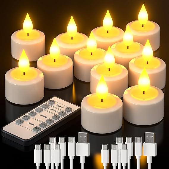 PChero Rechargeable Tea Lights with Remote Timer, 12 Packs Flickering Flameless LED Tealights Candles with 2 USB Charging Cables & Remote for Wedding Xmas Halloween Home Decor