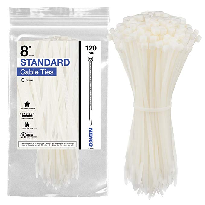 Neiko 51253A Natural White 8-Inch Heavy Duty Cable Zip Ties, 120 pcs | 75 lb Tensile Strength