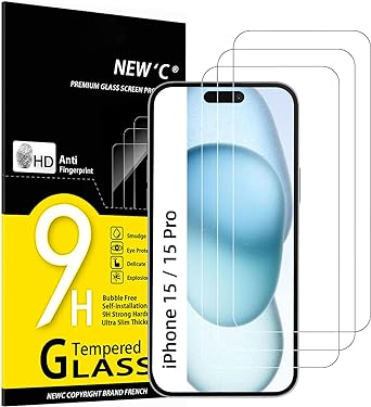 NEW'C 3 Piezas, Protector Pantalla para iPhone 15/15 Pro (6,1"), Cristal templado Antiarañazos, Antihuellas, Sin Burbujas, Dureza 9H, 0.33 mm Ultra Transparente, Ultra Resistente