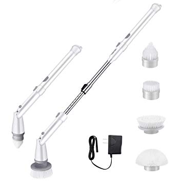 Homitt Electric Spin Scrubber with Upgraded Handle, 360 Cordless Bathroom Scrubber with 4 Replaceable Shower Scrubber Brush Heads, 1 Extension Arm and Adapter for Tub, Tile, Floor, Wall and Kitchen
