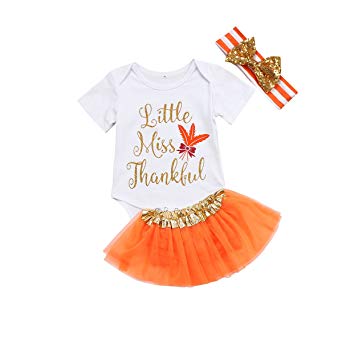 Thanksgiving Baby Girl Outfit Infant Romper Pumpkin Tutu Dress Headband 3pcs Set