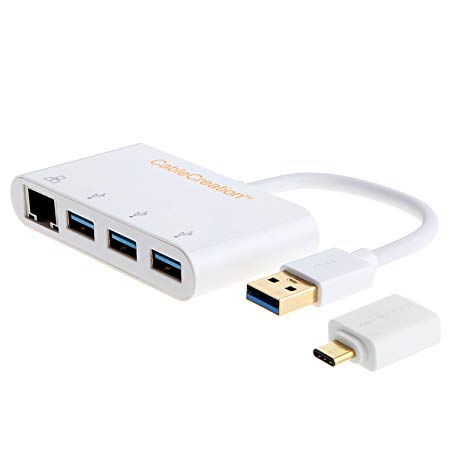 CableCreation 2-in-1 USB3.0 3.1 USB-C to 3 Ports USB 3.0 Hub Gigabit Ethernet Port Adapter for The New MacBook & Other USB3.0 or Type C Devices White