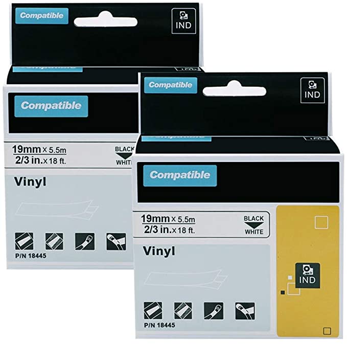 2-Pack Compatible Industrial Label Tapes Replacement for DYMO 18445 Permanent Vinyl 3/4" Tapes for DYMO Rhino 4200, 5000, 5200, 6000 Industrial Label Maker, Black on White, 3/4 Inch x 18 Feet