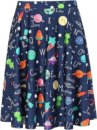 HDE Skirts for Women - Midi Skirt Skater Skirt Knee Length High Waist Fun Prints