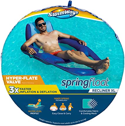 SwimWays Spring Float Swimming Pool XL Lounger Chaise Inflatable Floating Chair w/Cup Holder & Additional Leg Room, Dark & Light Blue